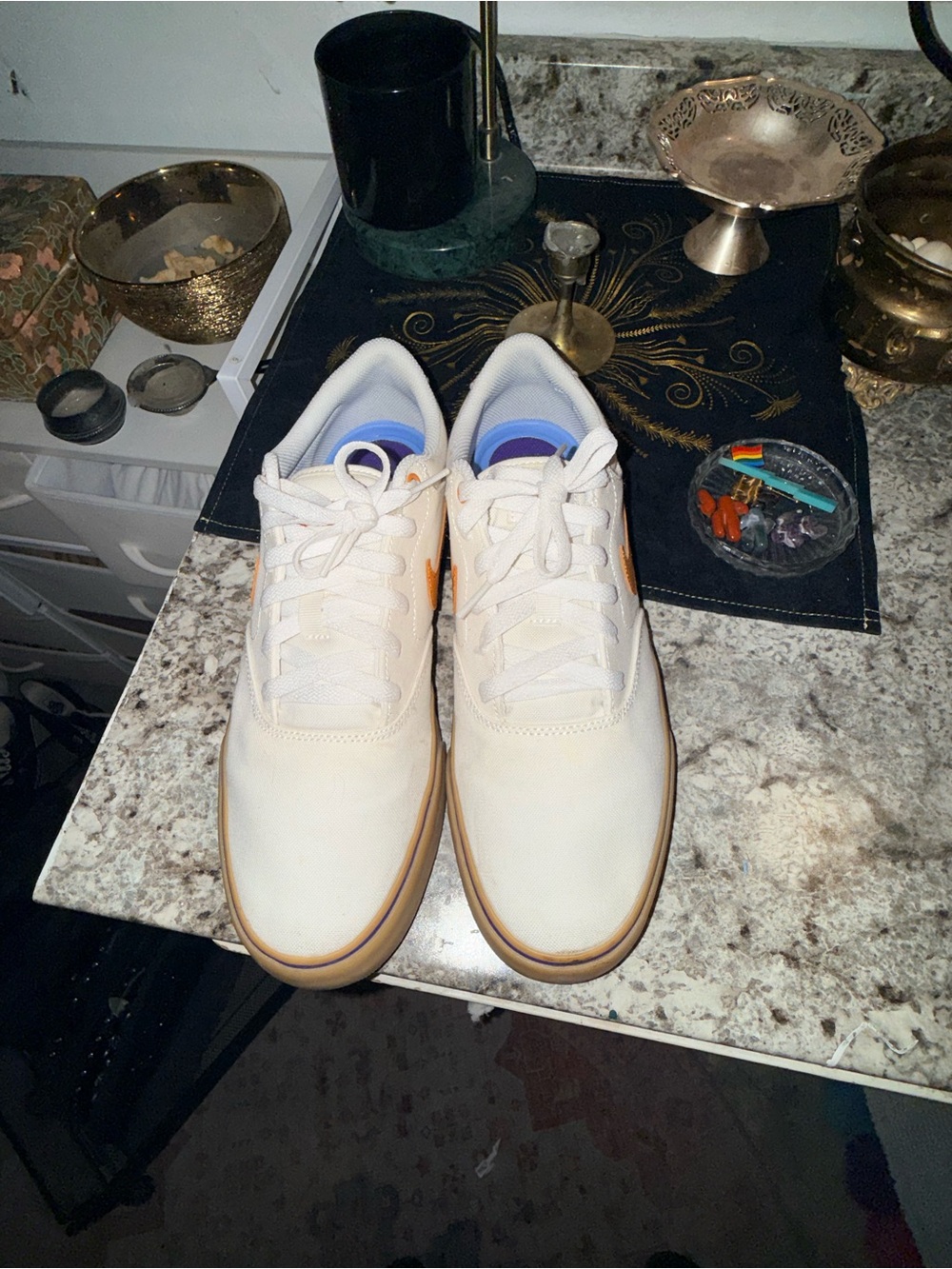 Nike Men's Low-Top Sneakers in Cream with Tan Sole and Orange Swoosh